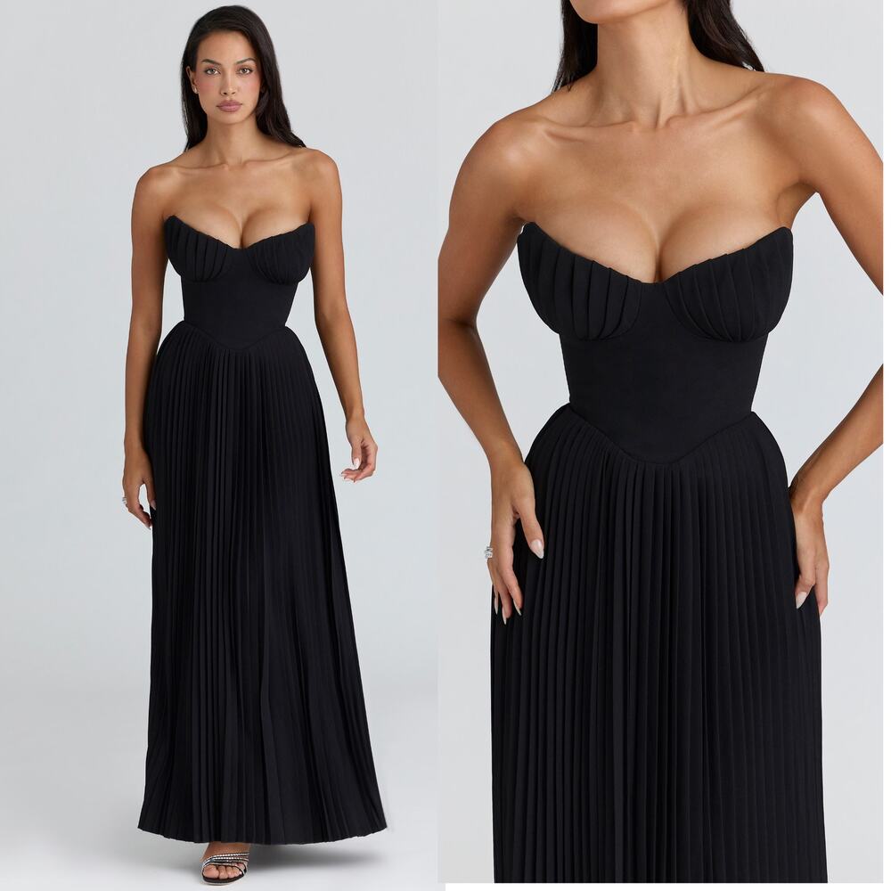 House of CB 'Marcella' Black Georgette Pleated Maxi Dress